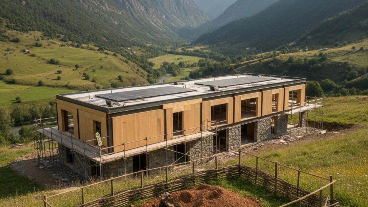 Generic image of the construction works of a single-story building in a mountain environment.