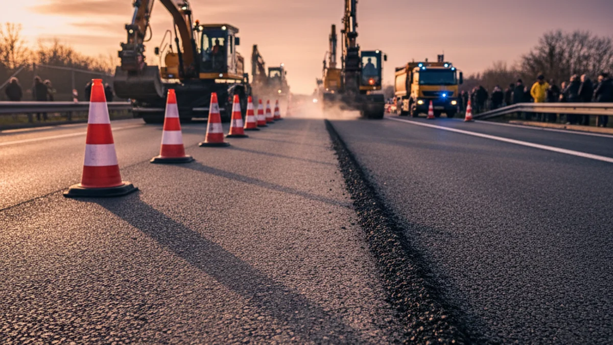 Imagen genérica de las obras de reparación del firme en una autovía con maquinaria pesada.