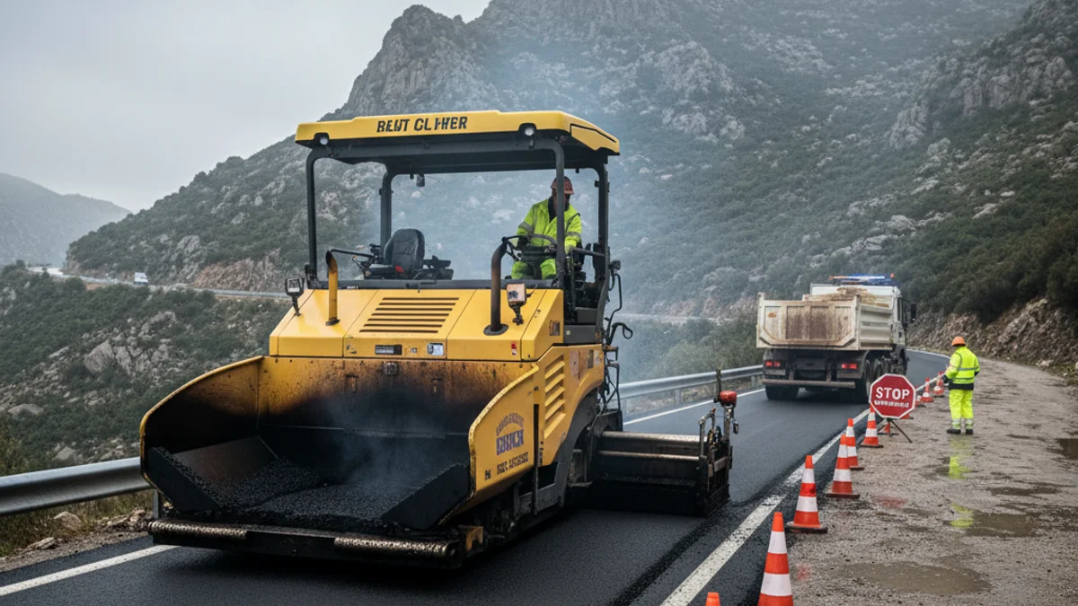 Generic image of asphalt repair works on a mountain road with heavy machinery.