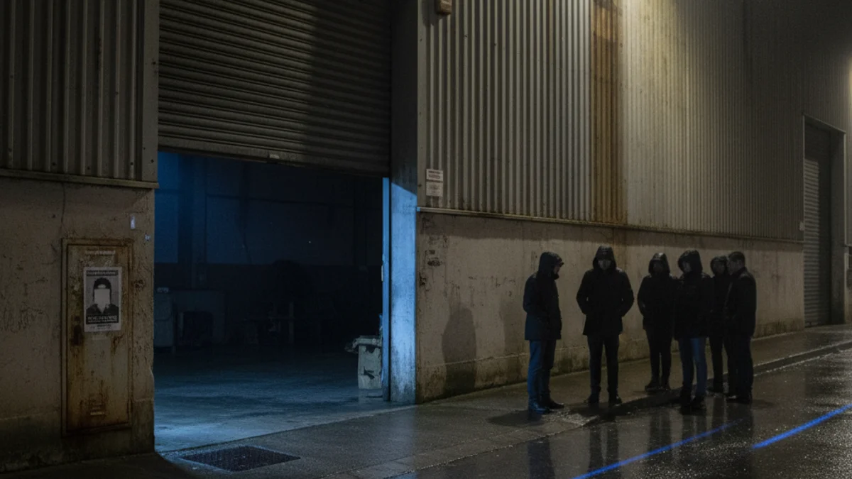 Generic image of a warehouse exterior at night with blurred police lights.