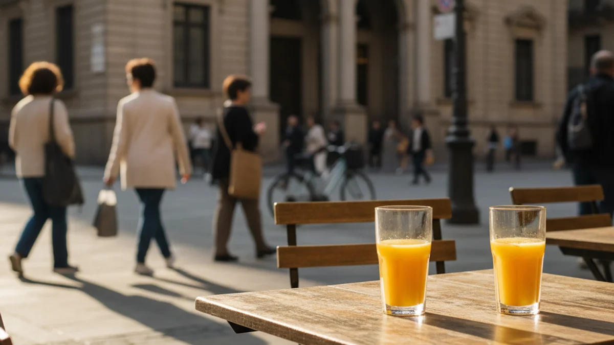Generic image of a bar terrace with two orange juices on a table.