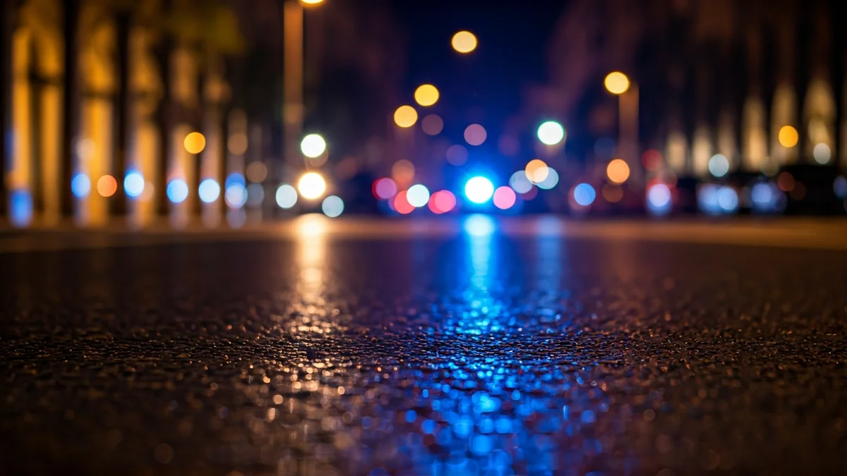 Imagen genérica de luces de emergencia reflejándose sobre el asfalto mojado en un entorno urbano