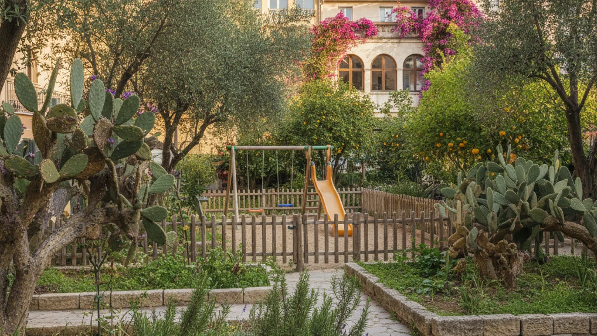 Generic image of an urban community garden with lush vegetation and a play area.