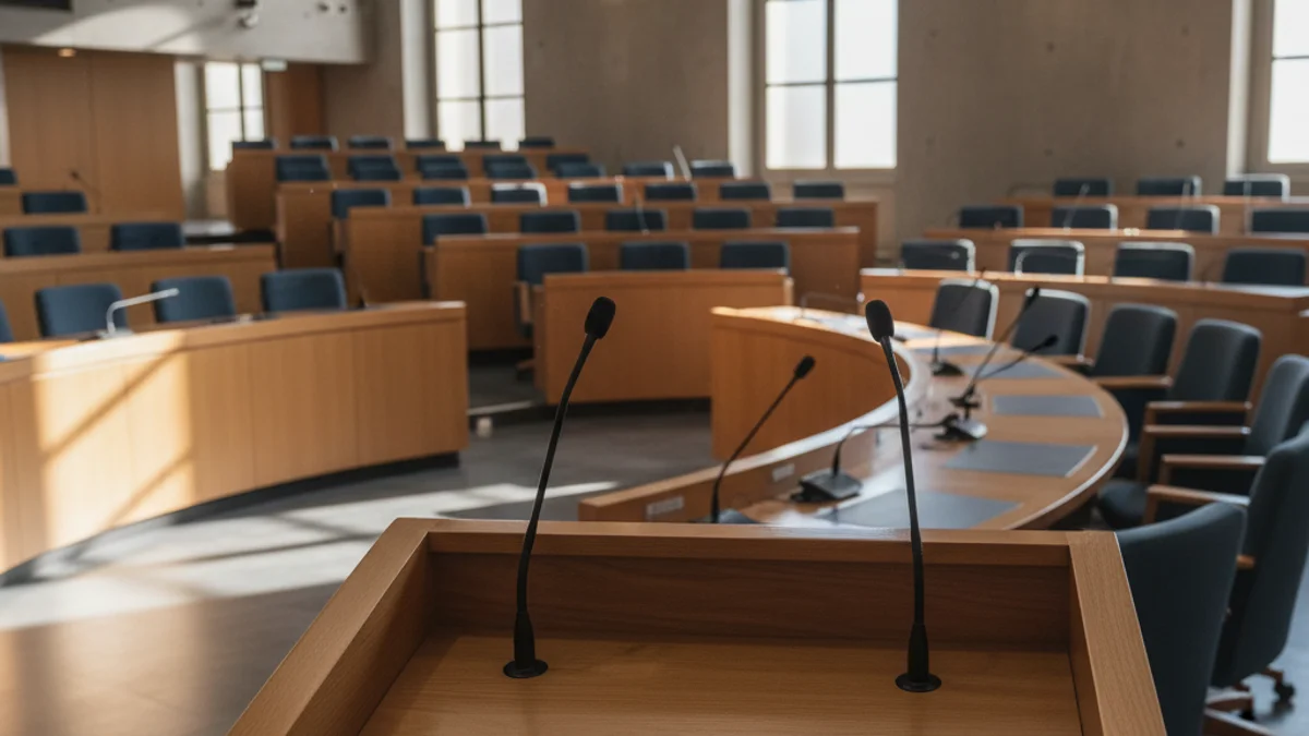 Generic image of a municipal council chamber with microphones on a wooden table.