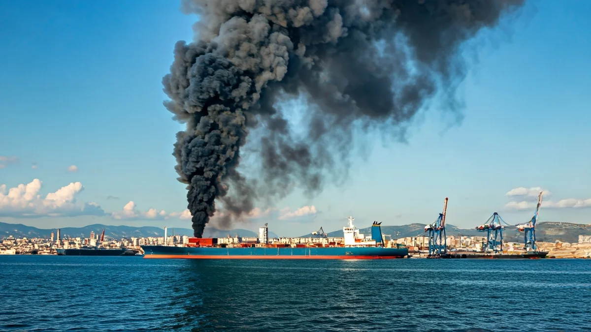 Imagen genérica de una gran columna de humo negro sobre una zona portuaria