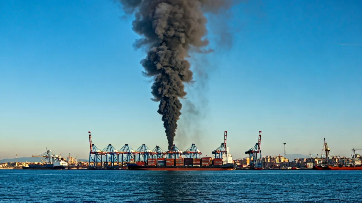 Generic image of a large column of black smoke over a port area.