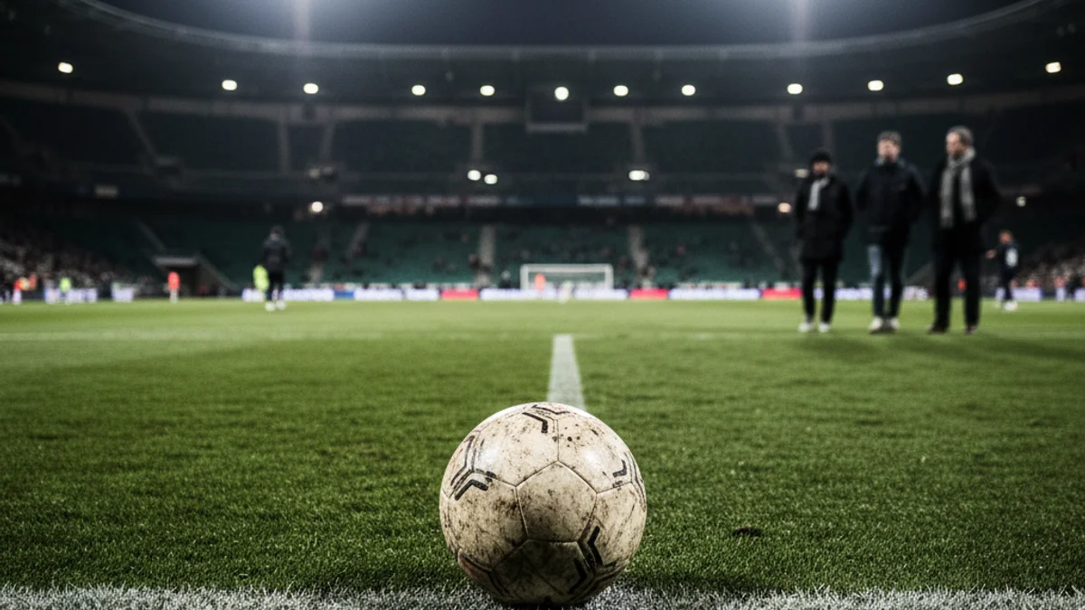 Generic image of a soccer ball on the goal line in a floodlit stadium.