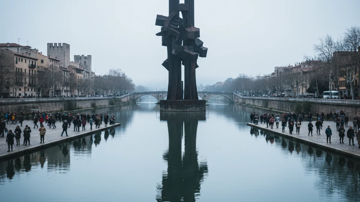 Imatge genèrica del monument a la Batalla de l'Ebre situat al mig del riu al seu pas per Tortosa.