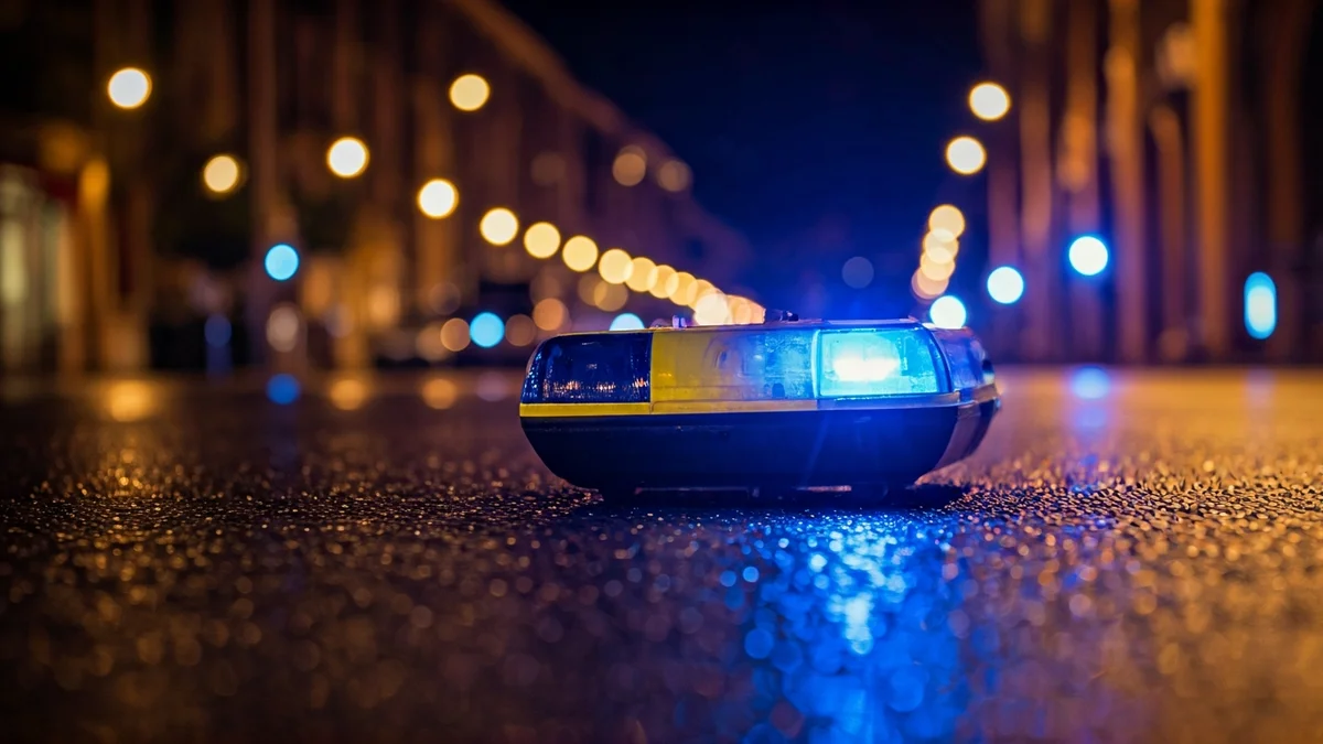 Imagen genérica de luces de emergencia reflejándose sobre el asfalto mojado en un entorno urbano nocturno.