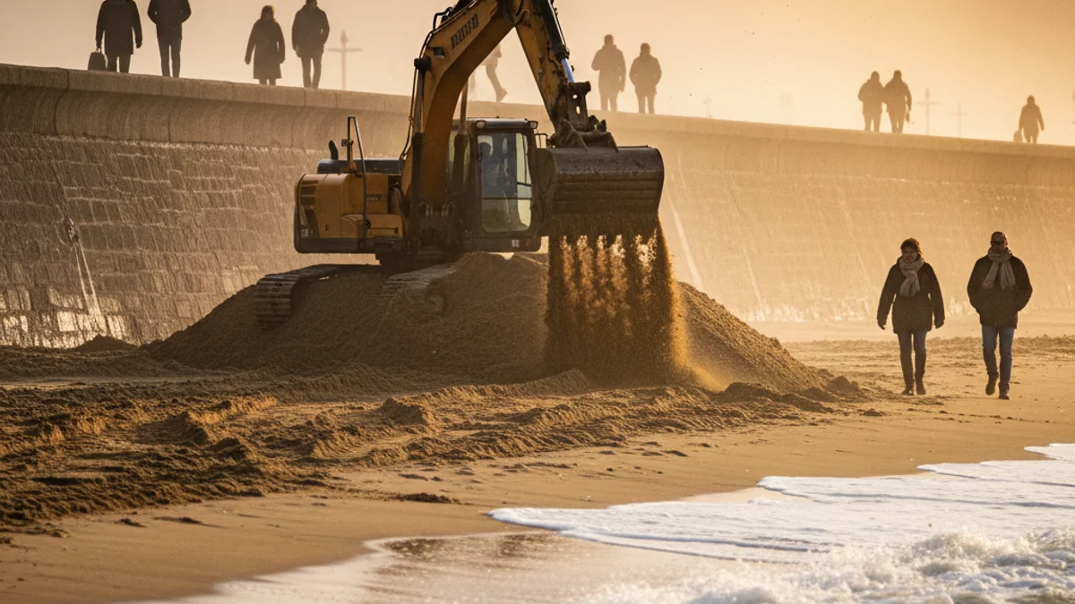 Imatge genèrica d'unes obres de regeneració de sorra en una platja per protegir el passeig marítim.