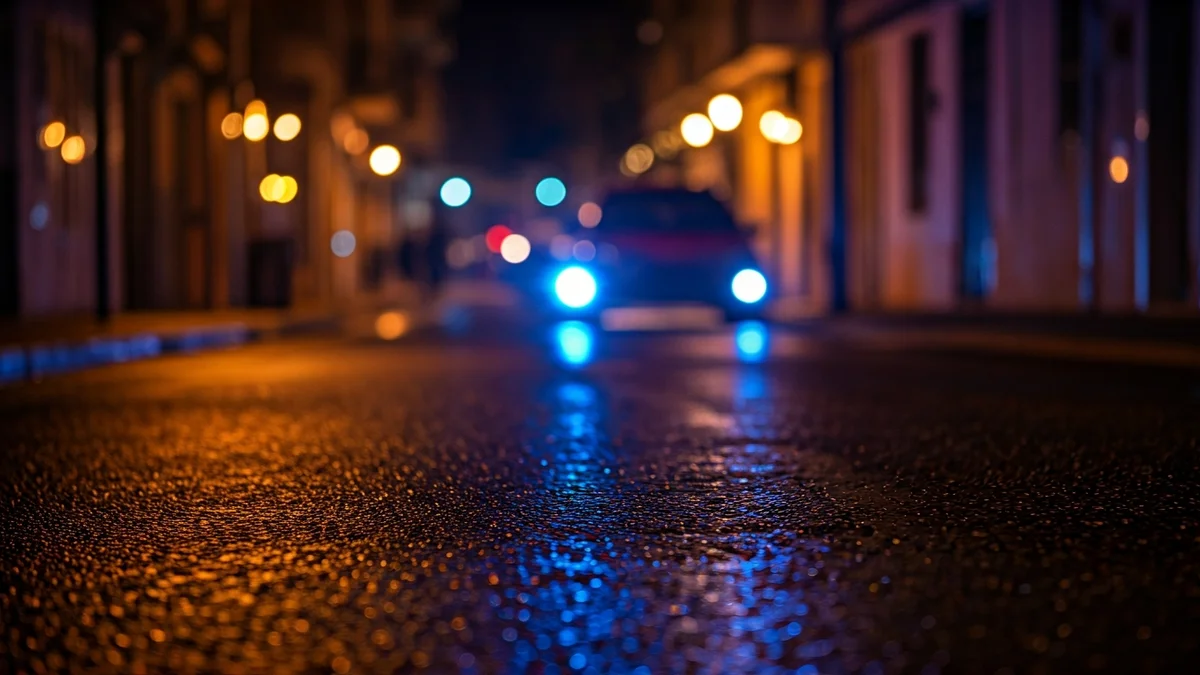 Imatge genèrica de llums d'emergència reflectides sobre l'asfalt mullat al capvespre, amb un fanal malmès al fons.