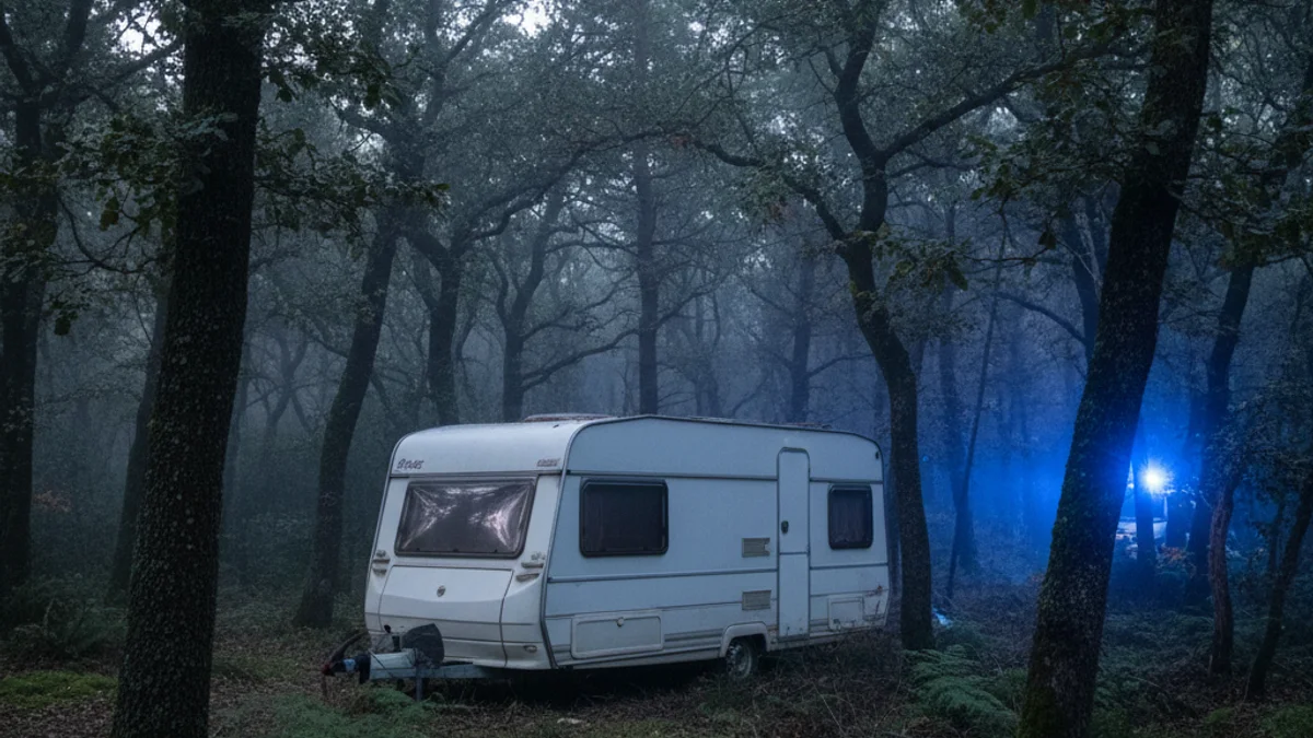 Imatge genèrica d'una caravana estacionada en una zona boscosa sota una llum tènue.