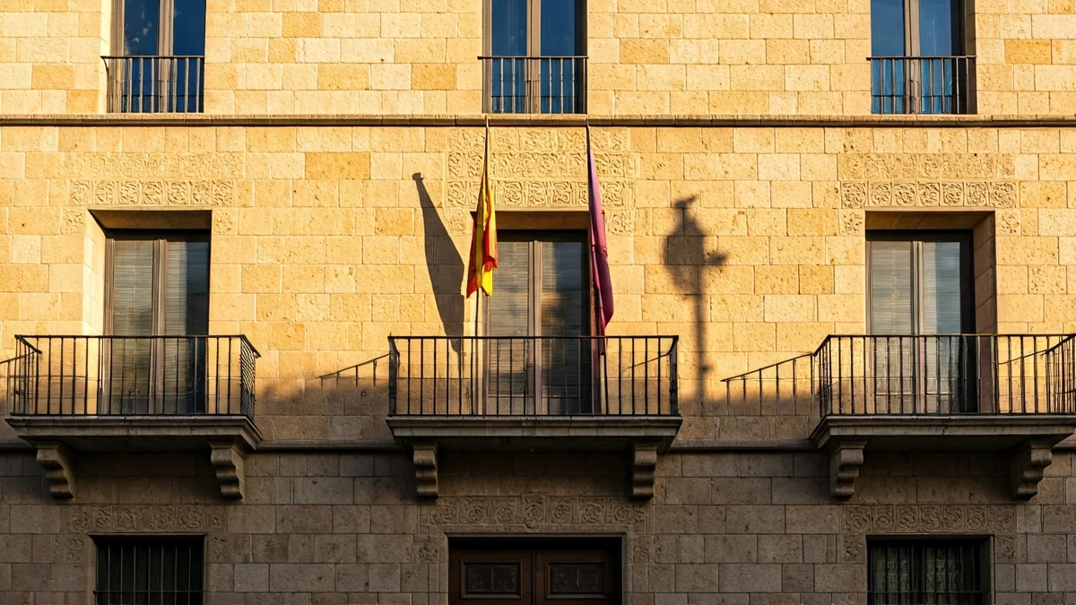 Generic image of a Mediterranean town hall facade with wrought iron balcony