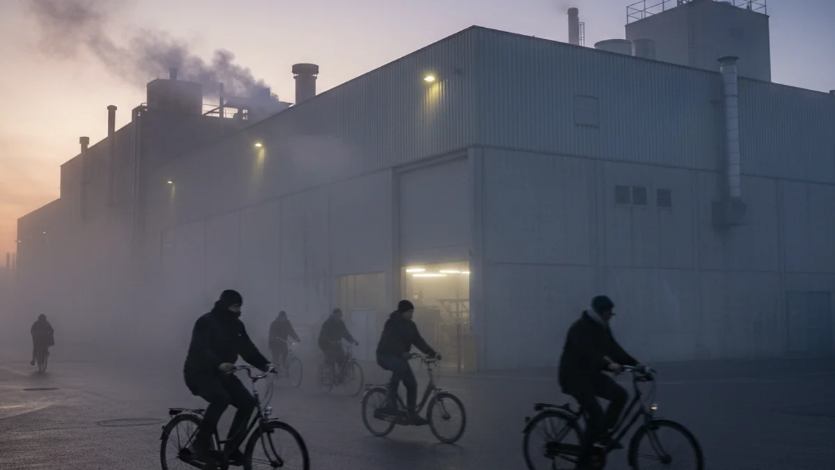 Imatge genèrica de l'entrada d'una zona industrial a trenc d'alba amb treballadors desplaçant-se.