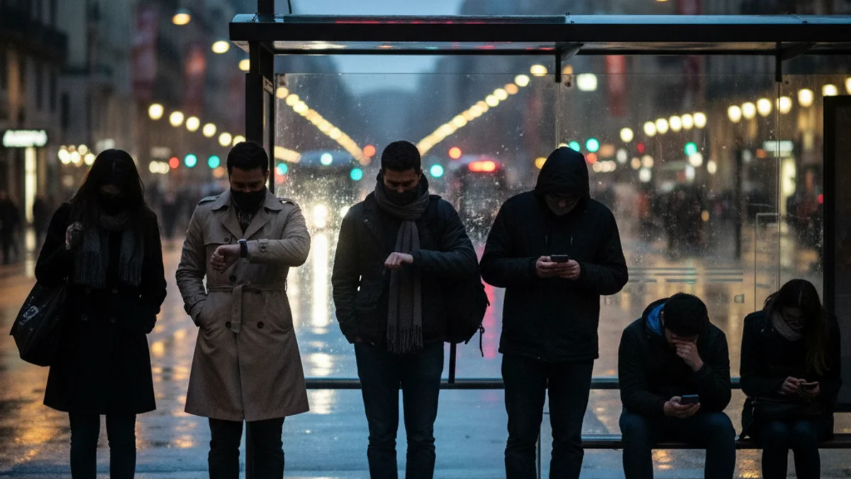 Imatge genèrica d'usuaris esperant el transport públic en una parada durant el vespre.