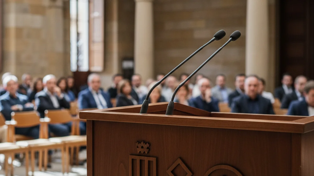 Imatge genèrica d'uns micròfons en un faristol durant un acte polític municipal.