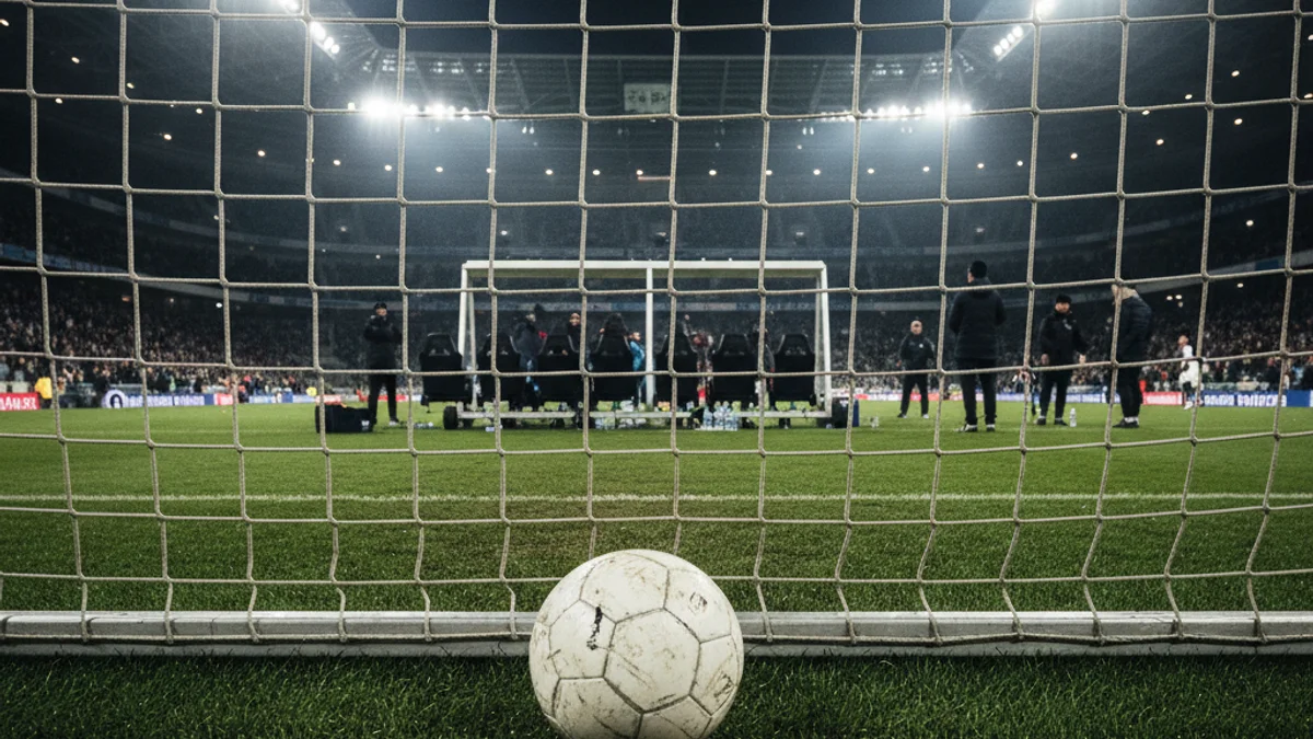 Generic image of an empty football goal under stadium floodlights after a match.