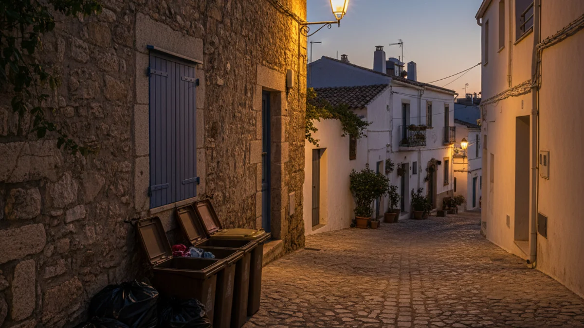 Imatge genèrica de bosses d'escombraries i cubells de recollida selectiva en un carrer d'un poble.
