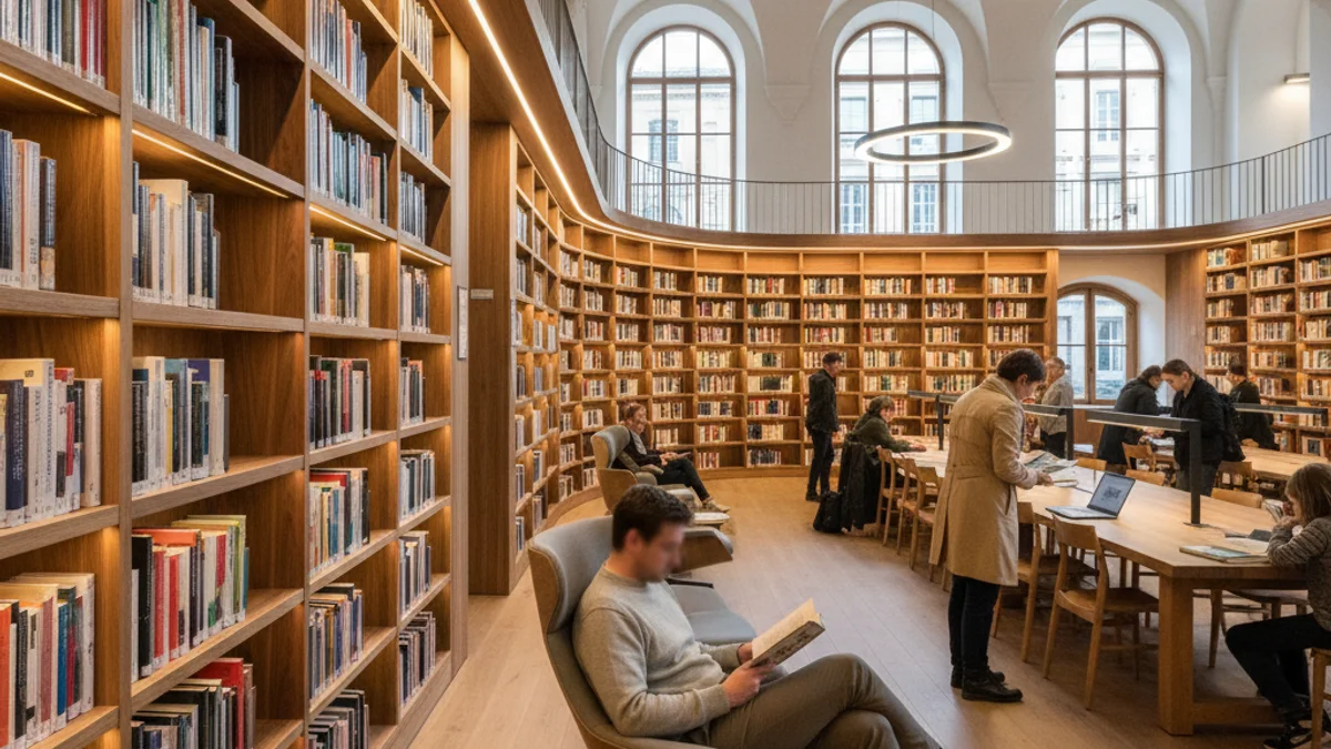 Generic image of a public library interior with wooden bookshelves and warm lighting.