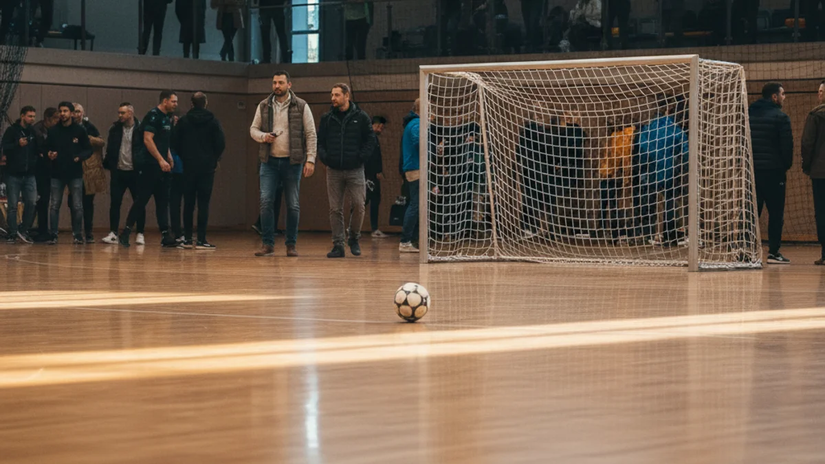 Generic image of a futsal ball in a sports arena.