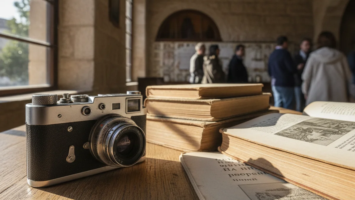 Imagen genérica de una cámara fotográfica antigua y un libro sobre una mesa de madera.