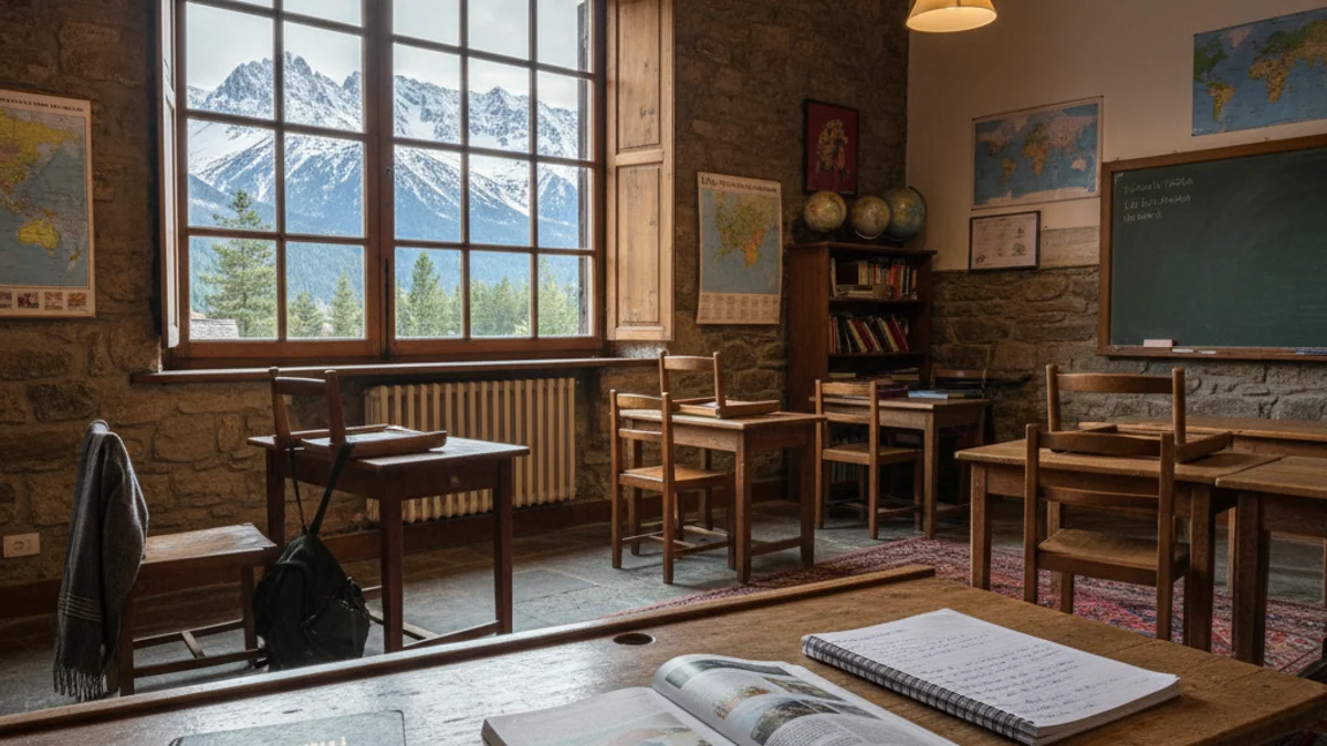 Imatge genèrica d'un diccionari i material escolar en una aula amb vistes a les muntanyes del Pirineu.