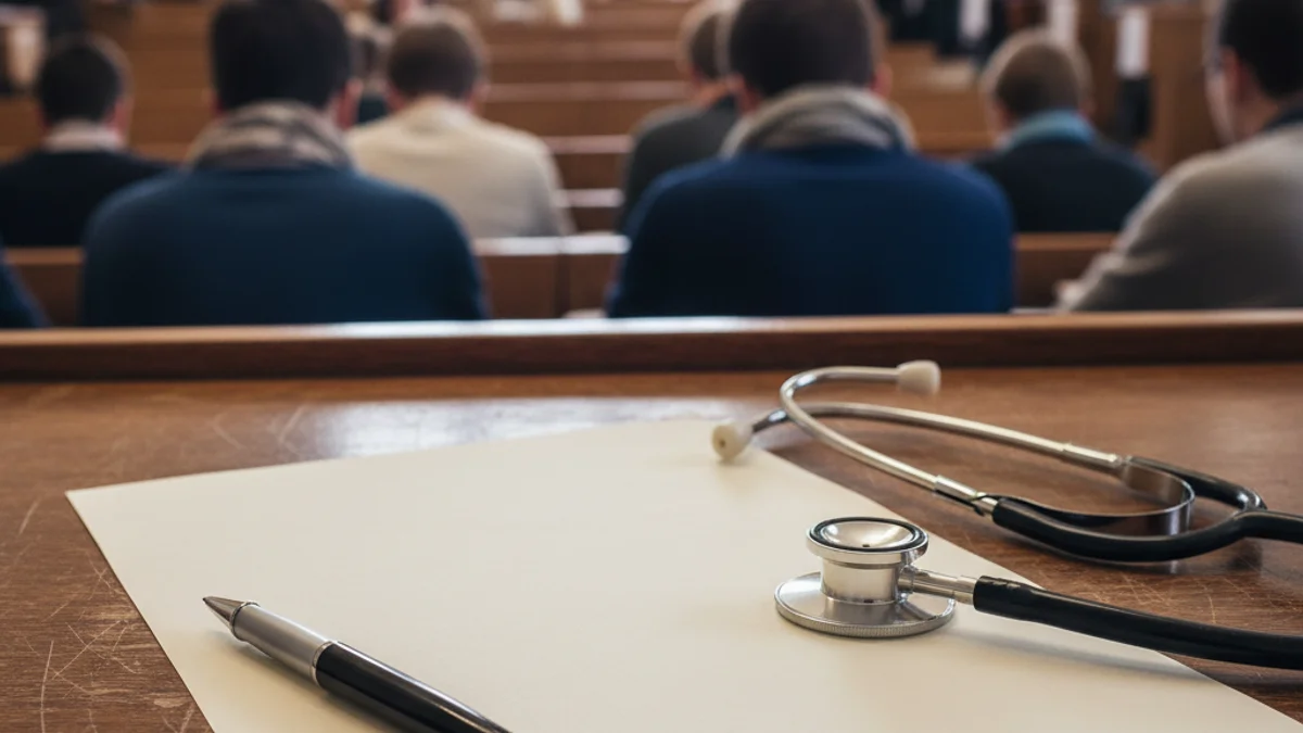 Imatge genèrica d'un examen mèdic amb un estetoscopi sobre una taula d'estudi.