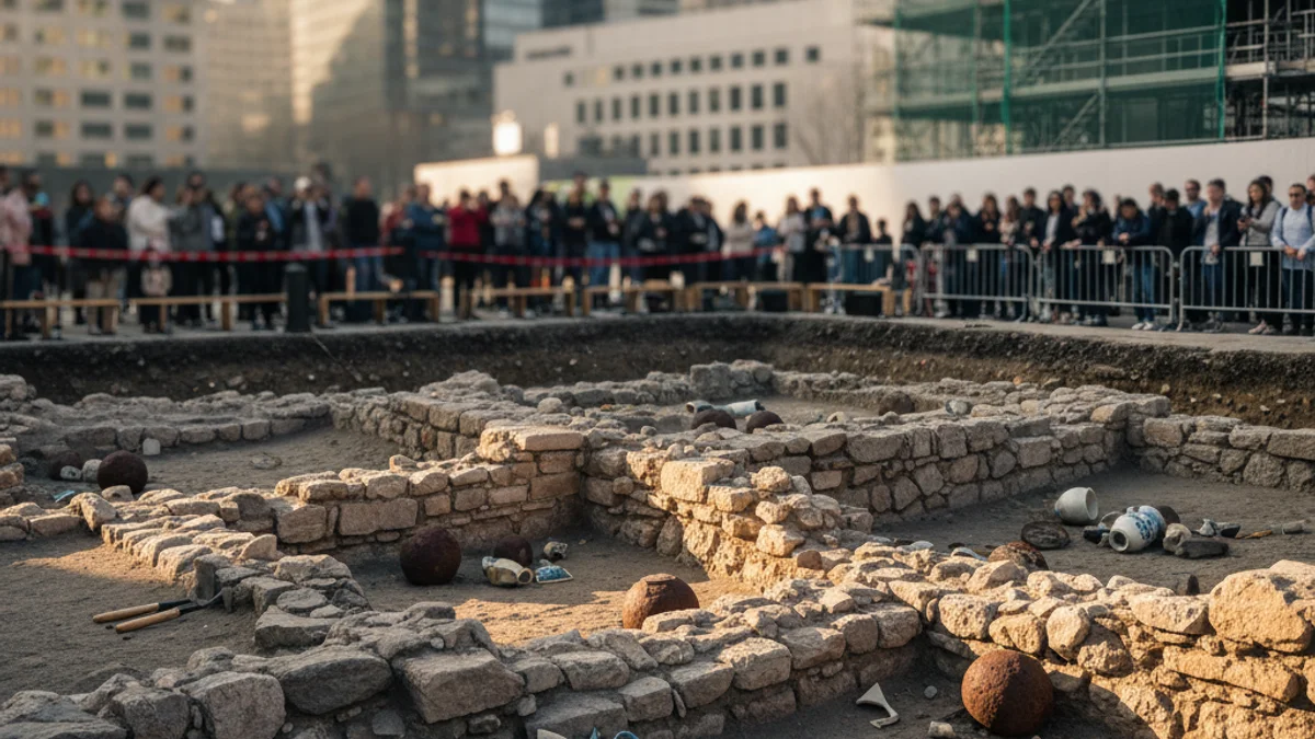 Generic image of archaeological remains with stone foundations and ancient objects in an urban setting.