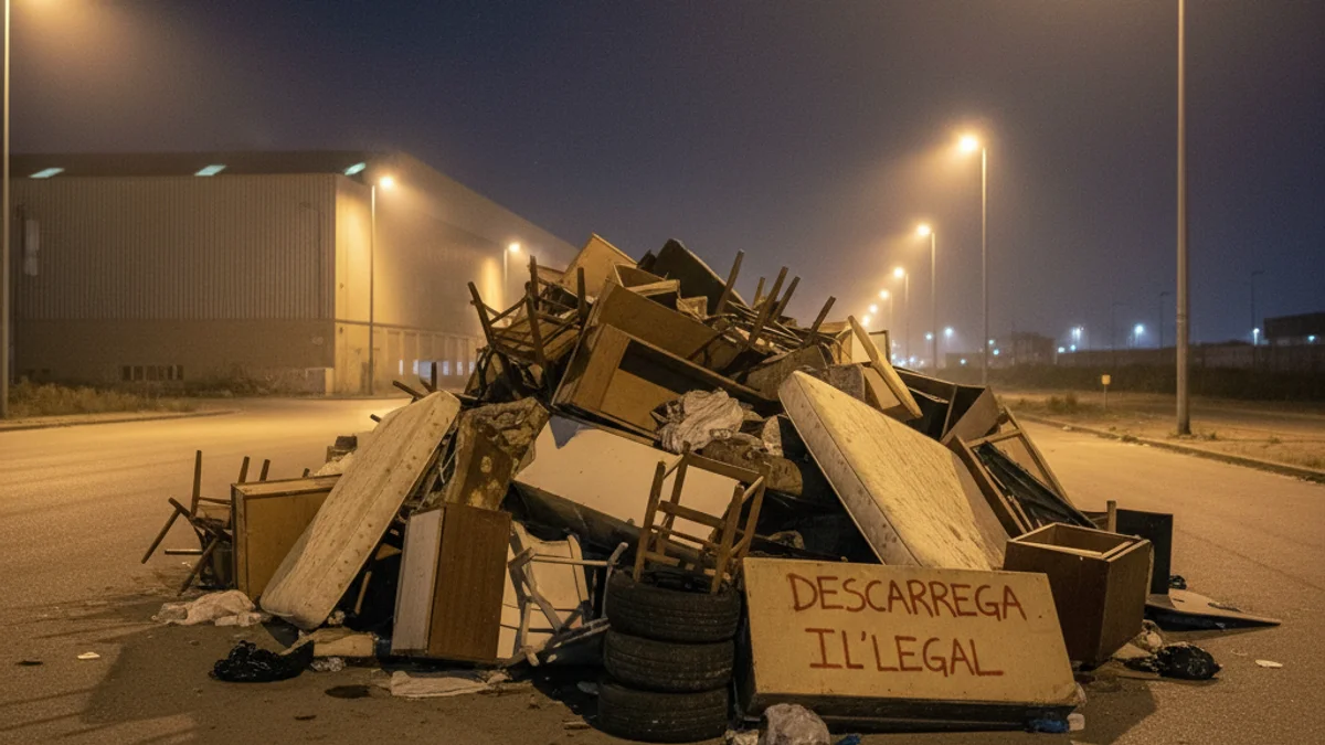 Imatge genèrica d'un abocament il·legal de mobles i residus voluminosos en un polígon industrial.