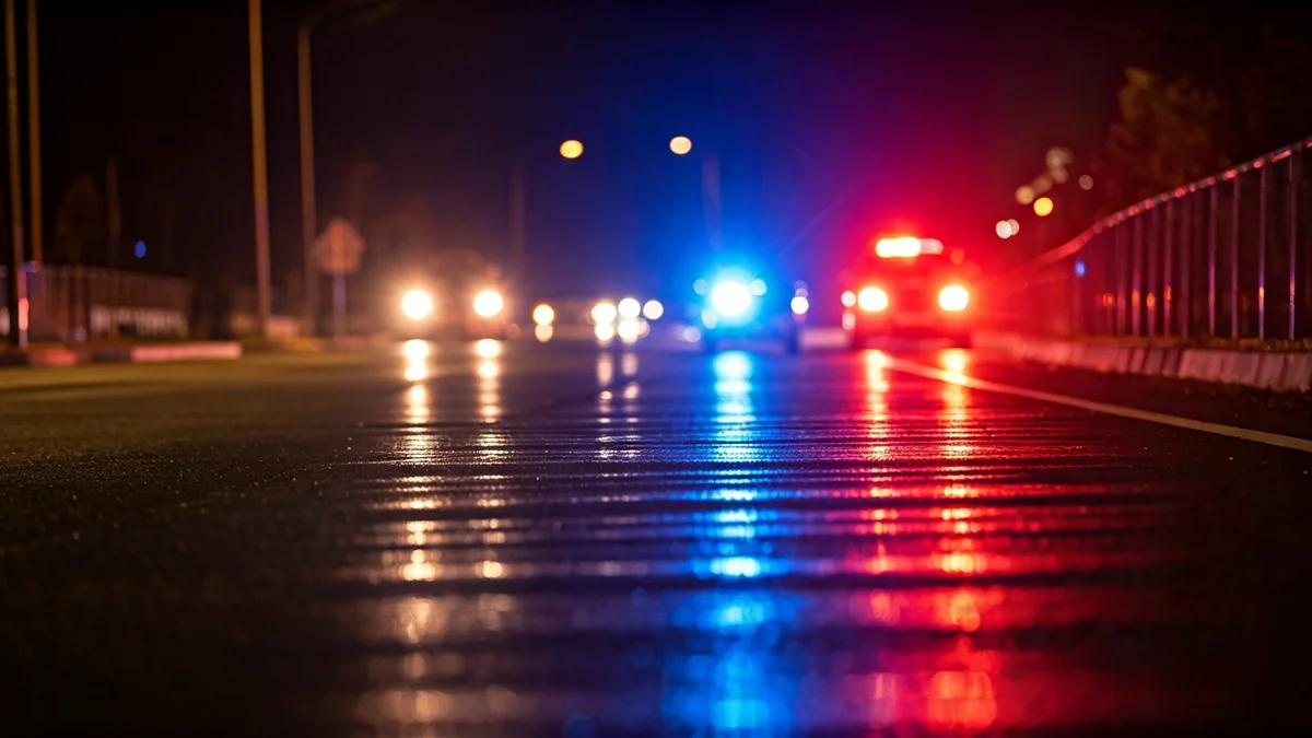 Imagen genérica de luces de emergencia reflejadas sobre el asfalto mojado en un control de velocidad.