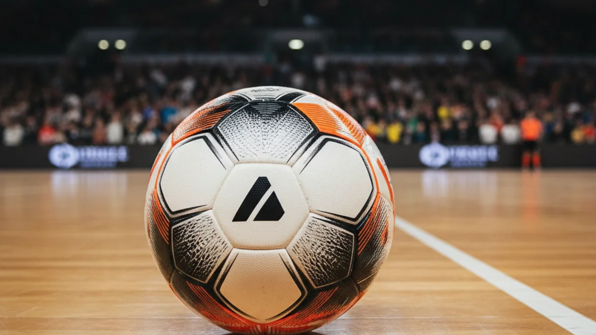 Imatge genèrica d'una pilota de futbol sala en un pavelló esportiu.