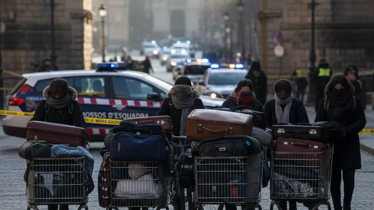 Imatge genèrica d'objectes personals i maletes acumulats al carrer durant un operatiu policial de desallotjament.