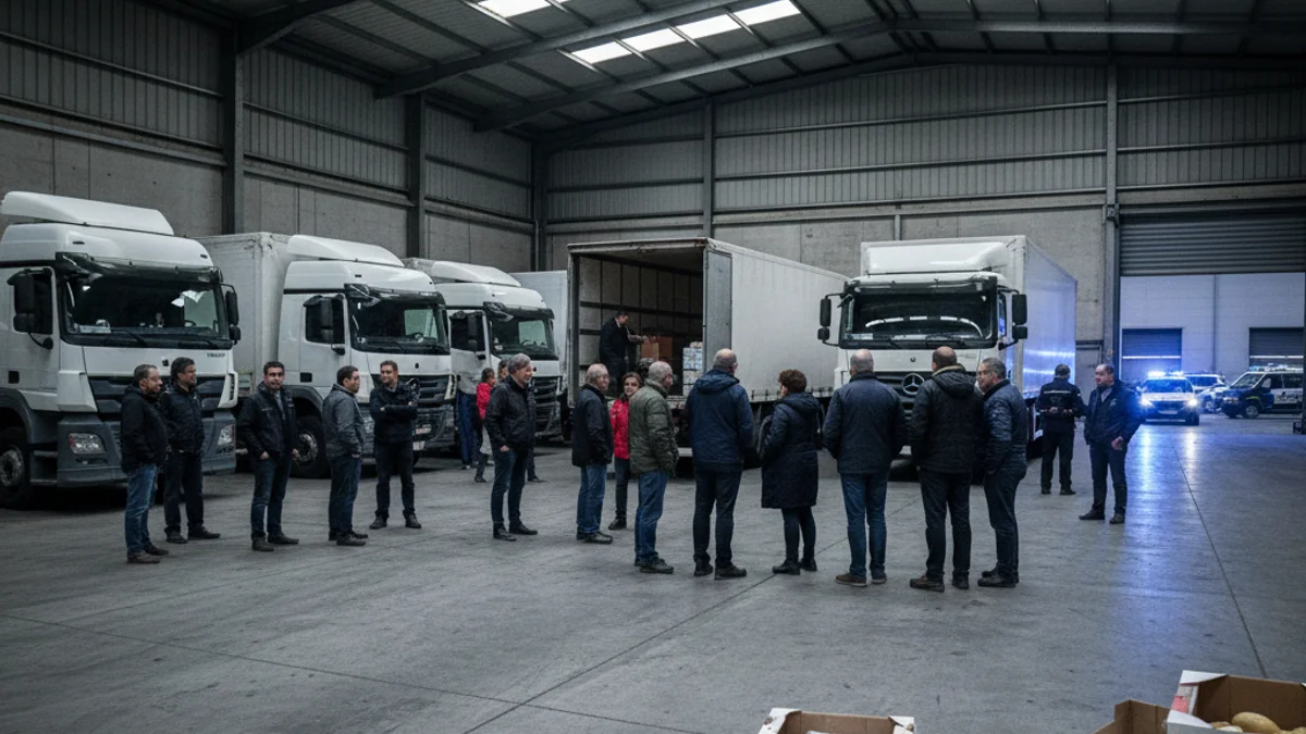 Imatge genèrica d'un operatiu policial amb cintes de seguretat i caixes de mercaderia en una nau industrial.