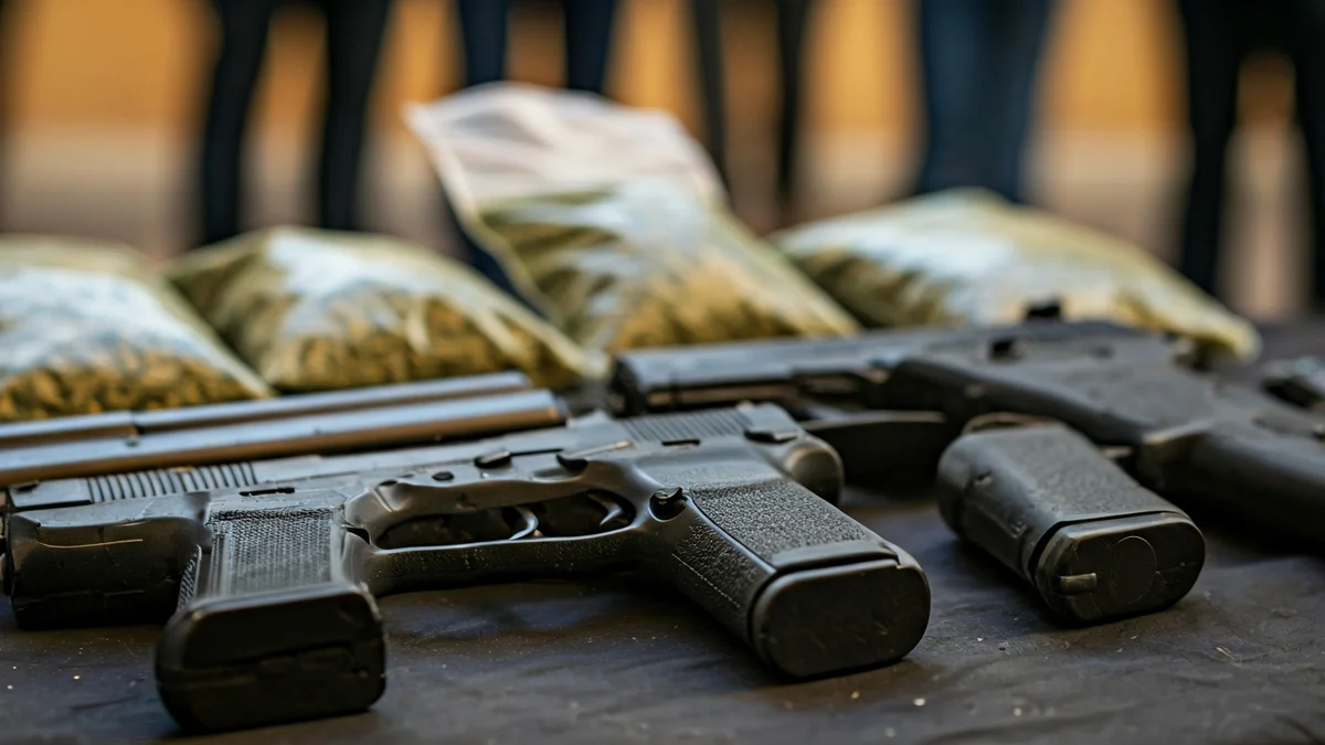 Generic image of confiscated firearms and drugs from a police operation.
