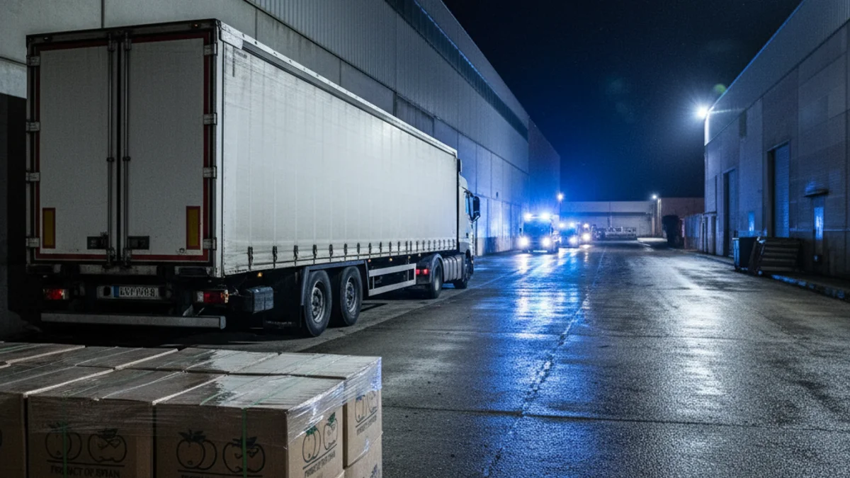 Imatge genèrica d'un operatiu policial en una zona industrial amb camions de transport.