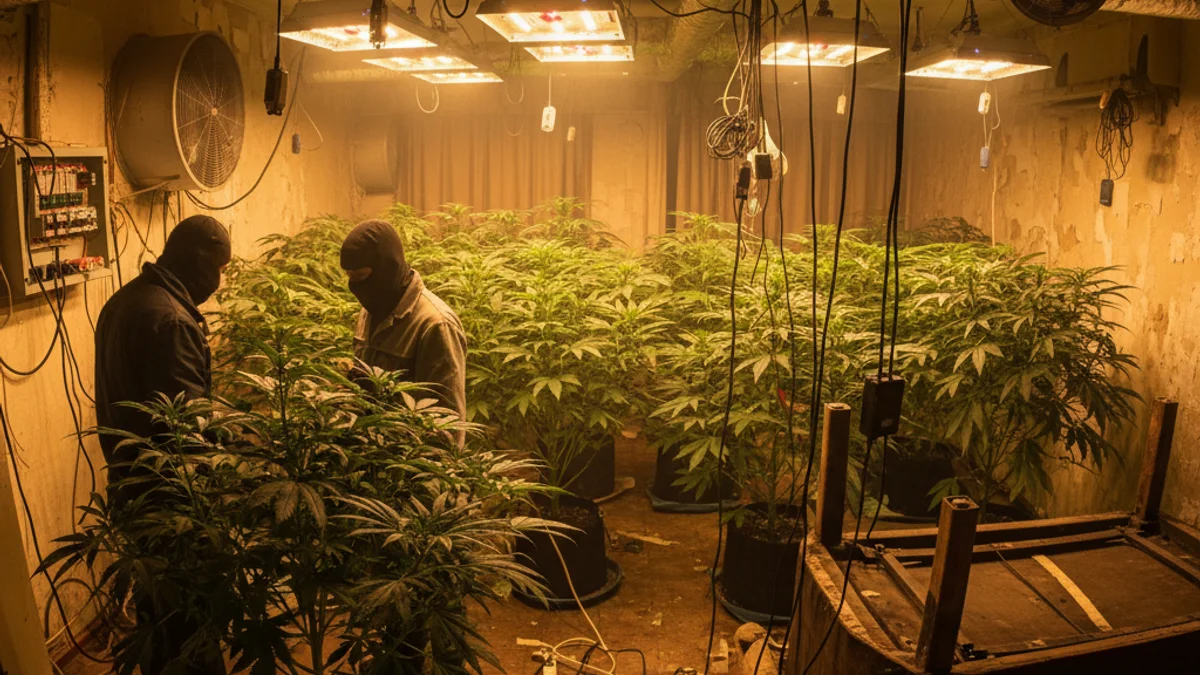 Imatge genèrica d'una plantació interior de marihuana amb focus i sistemes de ventilació.