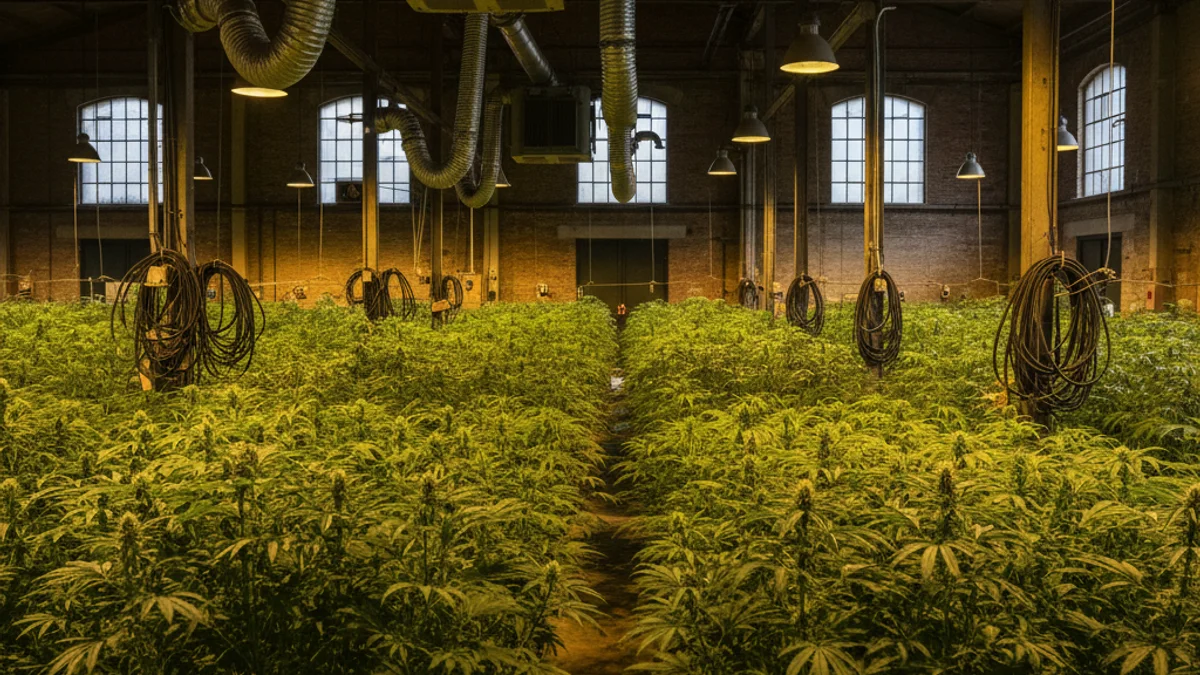 Imagen genérica de una plantación interior de marihuana con focos de alta intensidad y sistemas de ventilación.