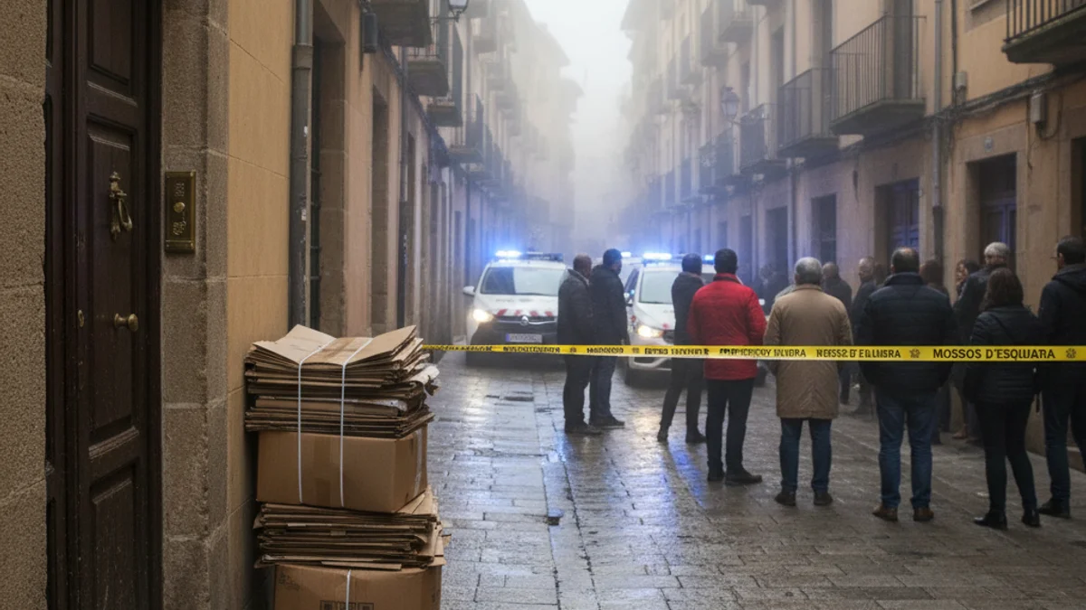 Imatge genèrica d'una línia policial amb llums d'emergència en un carrer estret durant un desnonament.