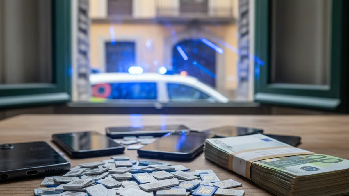 Imatge genèrica de diversos telèfons mòbils, targetes SIM i bitllets sobre una taula en el marc d'una investigació policial.