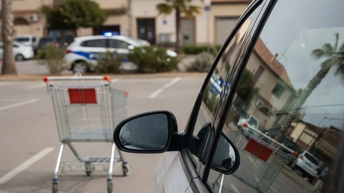 Imagen genérica de un aparcamiento con luces policiales azules difuminadas al fondo.