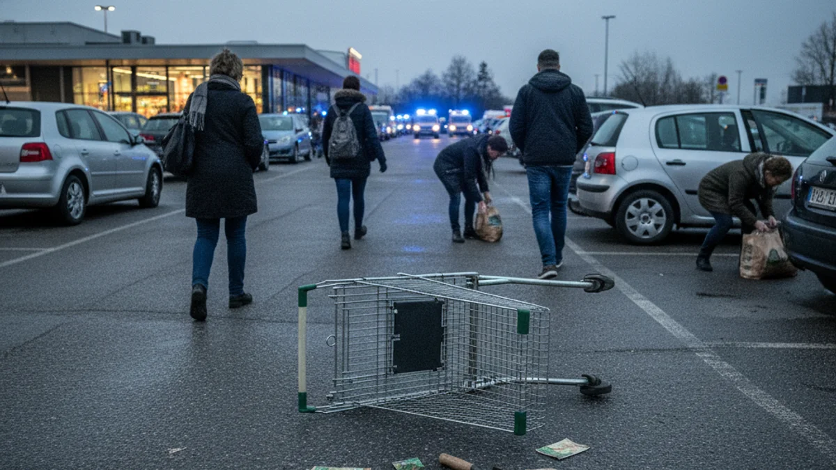 Imagen genérica del aparcamiento de un supermercado con luces de emergencia difuminadas al fondo.