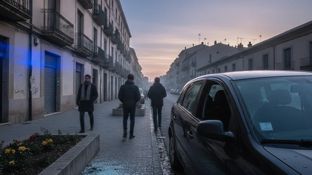 Imatge genèrica d'un carrer amb vidres trencats a terra i llums policials blaves reflectides.
