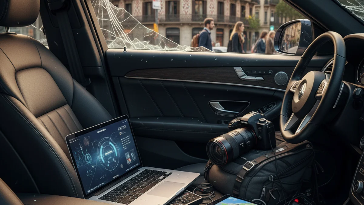 Imatge genèrica d'un robatori a l'interior d'un vehicle amb objectes tecnològics i vidres trencats.