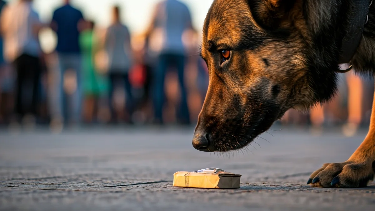 Imagen genérica de un perro policía detectando drogas en un festival.