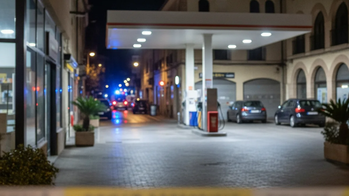 Imagen genérica de una gasolinera con luces policiales al fondo.