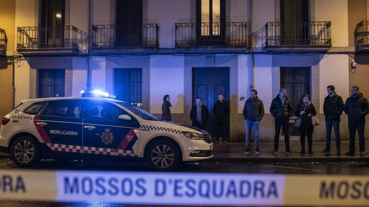 Imatge genèrica de llums d'emergència policials davant d'un edifici d'habitatges durant la nit.