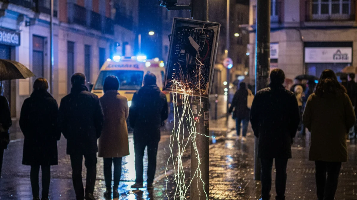 Generic image of a traffic light with tampered wiring on a city street at night with blurred police lights.