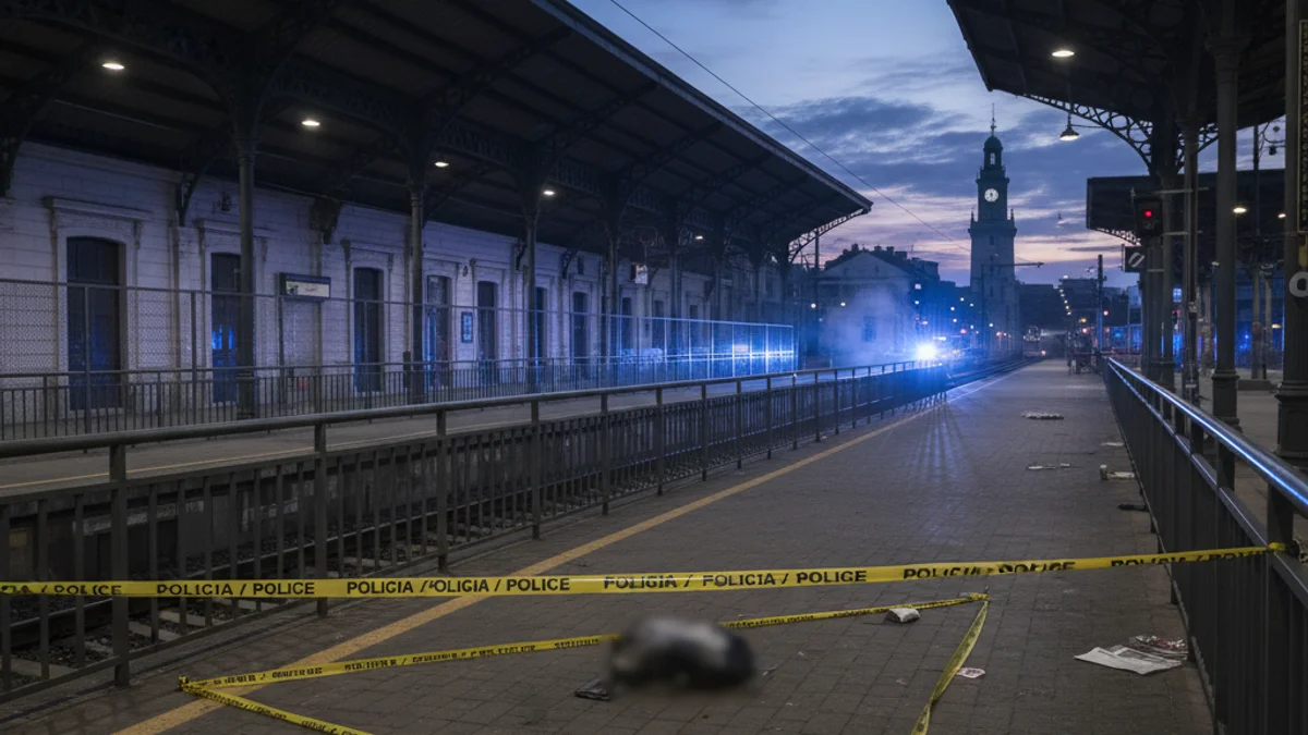 Imagen genérica del andén de una estación de tren con luces de emergencia azules al fondo.