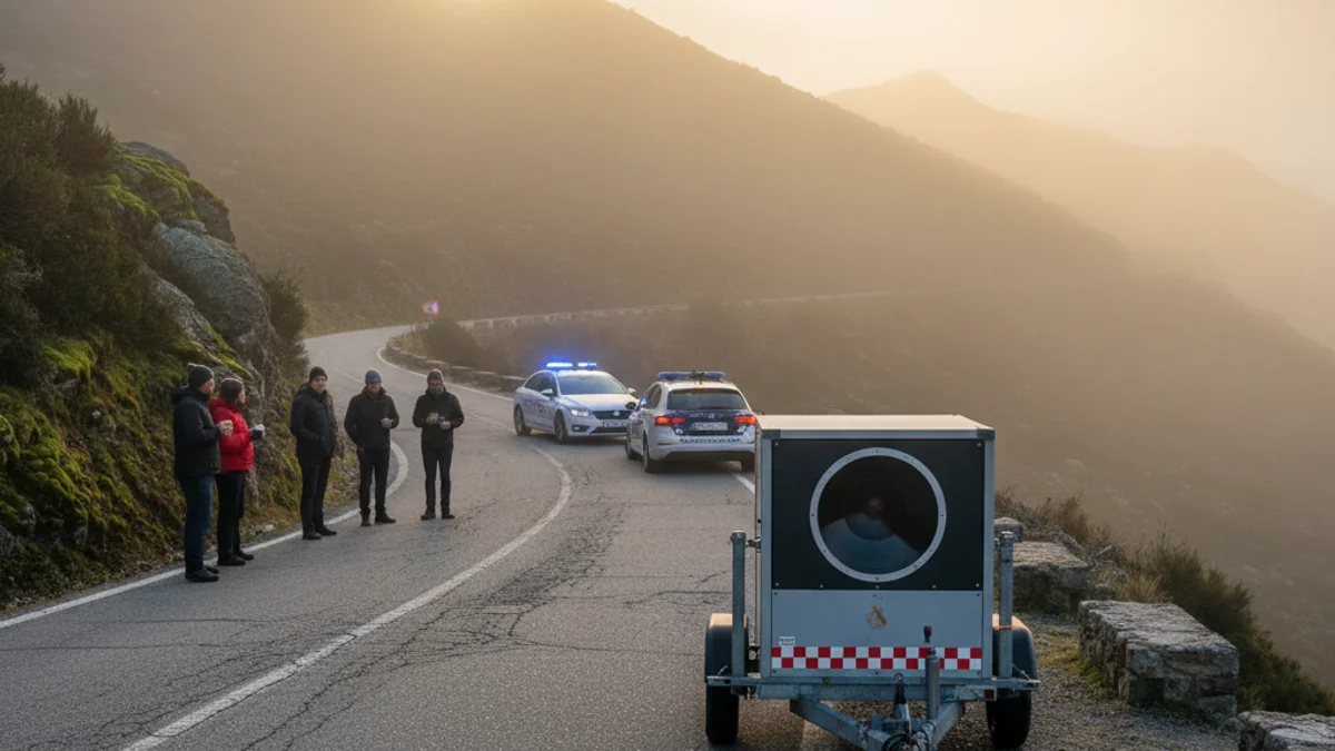 Imatge genèrica d'un control de velocitat en una carretera de muntanya amb llums d'emergència.