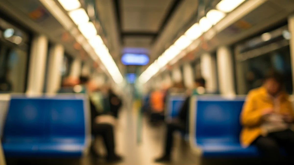 Imatge genèrica de l'interior d'un vagó de metro amb seients buits i passatgers difuminats al fons.